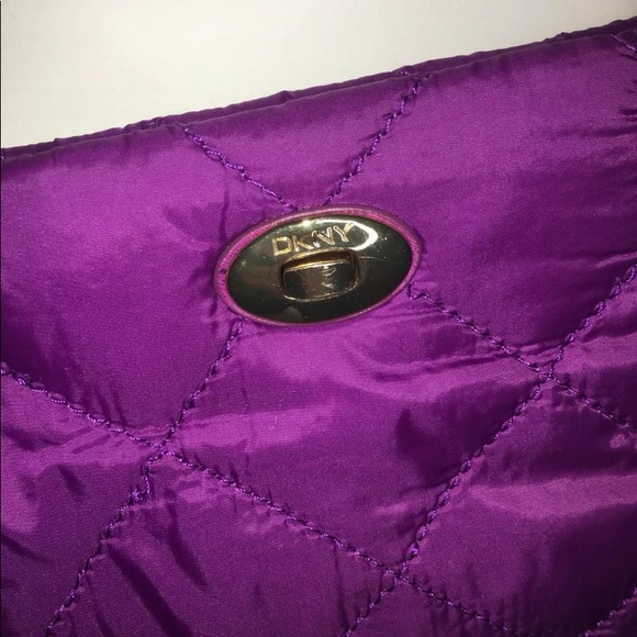 Purple Quilted DKNY Shoulder Purse With Gold Accents - Picture 3 of 7